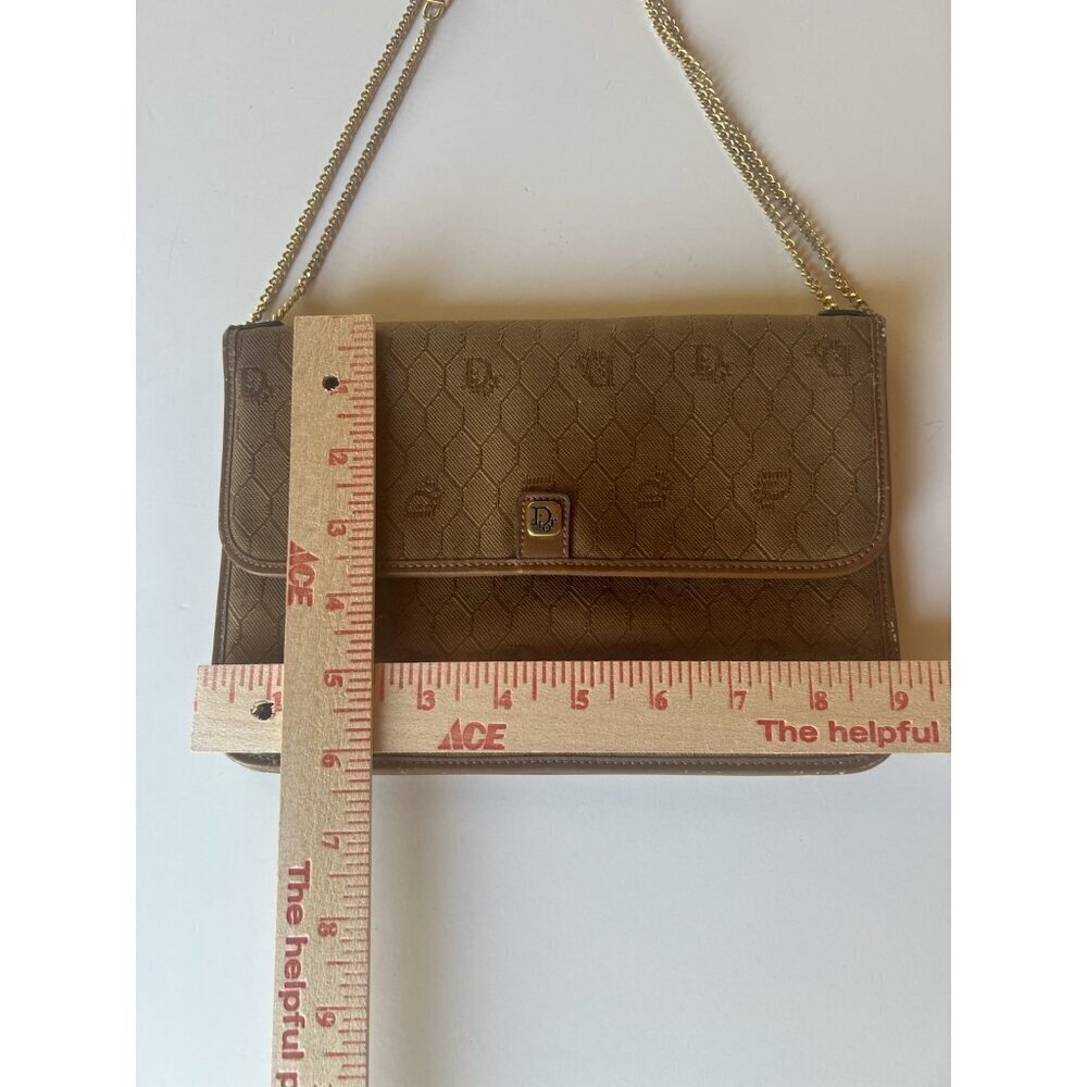 Vintage 70s Christian Dior beige Monogram Canvas leather shoulder bag gold chain - Picture 14 of 16
